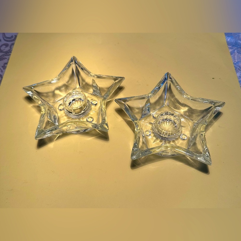 Vintage Pair Of Art Glass Hazel Atlas Star Shape Candlestick Candle Holder